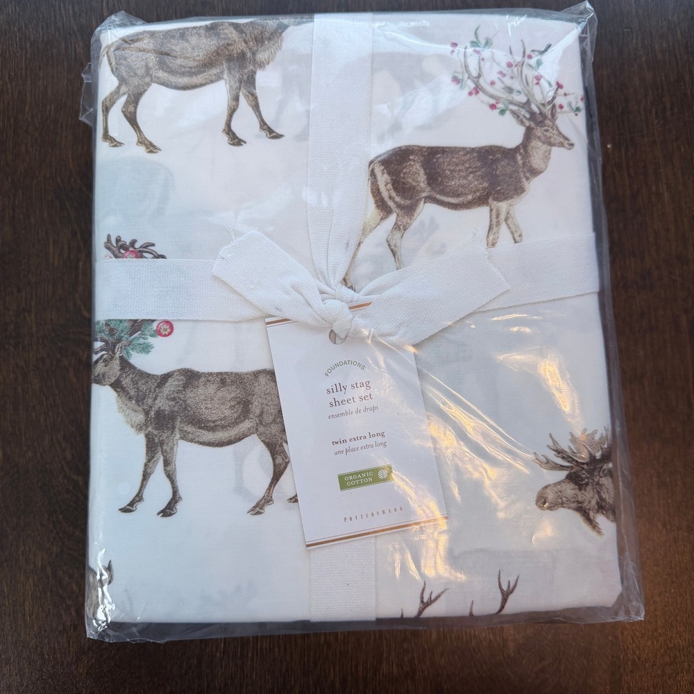 Pottery Barn Silly Stag Organic Cotton Sheet Set Twin XL White Holiday Deer New